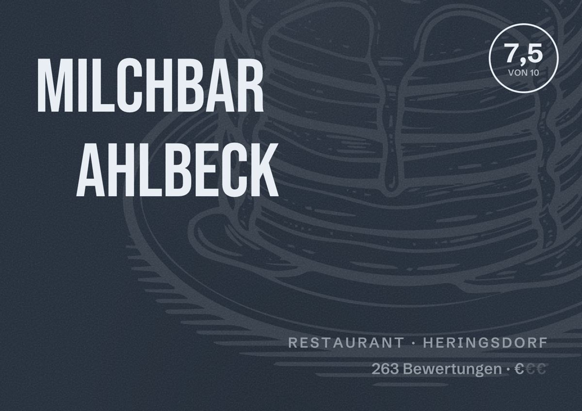 Illustriertes Poster von Milchbar Ahlbeck, Restaurant in Heringsdorf: Bewertung 7,5 von 10 aus 263 Bewertungen, Preisniveau €