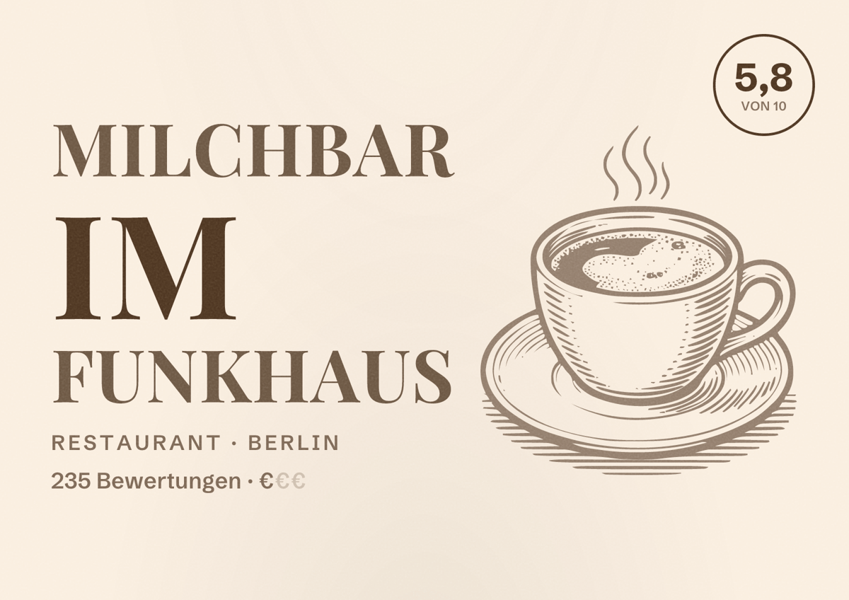 Illustriertes Poster von Milchbar im Funkhaus, Restaurant in Berlin: Bewertung 5,8 von 10 aus 235 Bewertungen, Preisniveau €