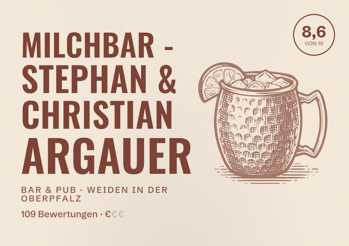 Illustriertes Poster von Milchbar - Stephan & Christian Argauer, Bar & Pub in Weiden in der Oberpfalz: Bewertung 8,6 von 10 aus 109 Bewertungen, Preisniveau €