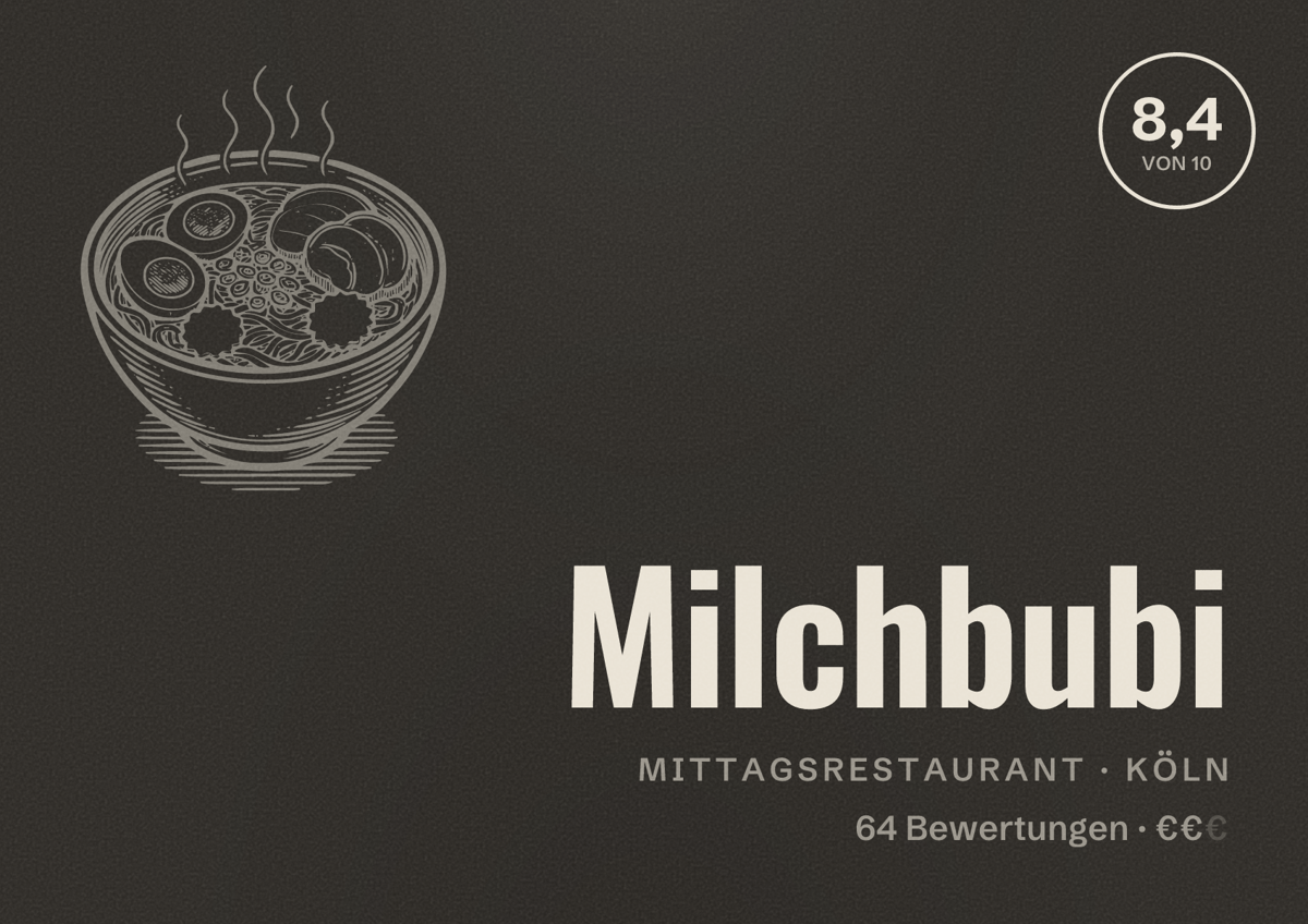Illustriertes Poster von Milchbubi, Mittagsrestaurant in Köln: Bewertung 8,4 von 10 aus 64 Bewertungen, Preisniveau €€
