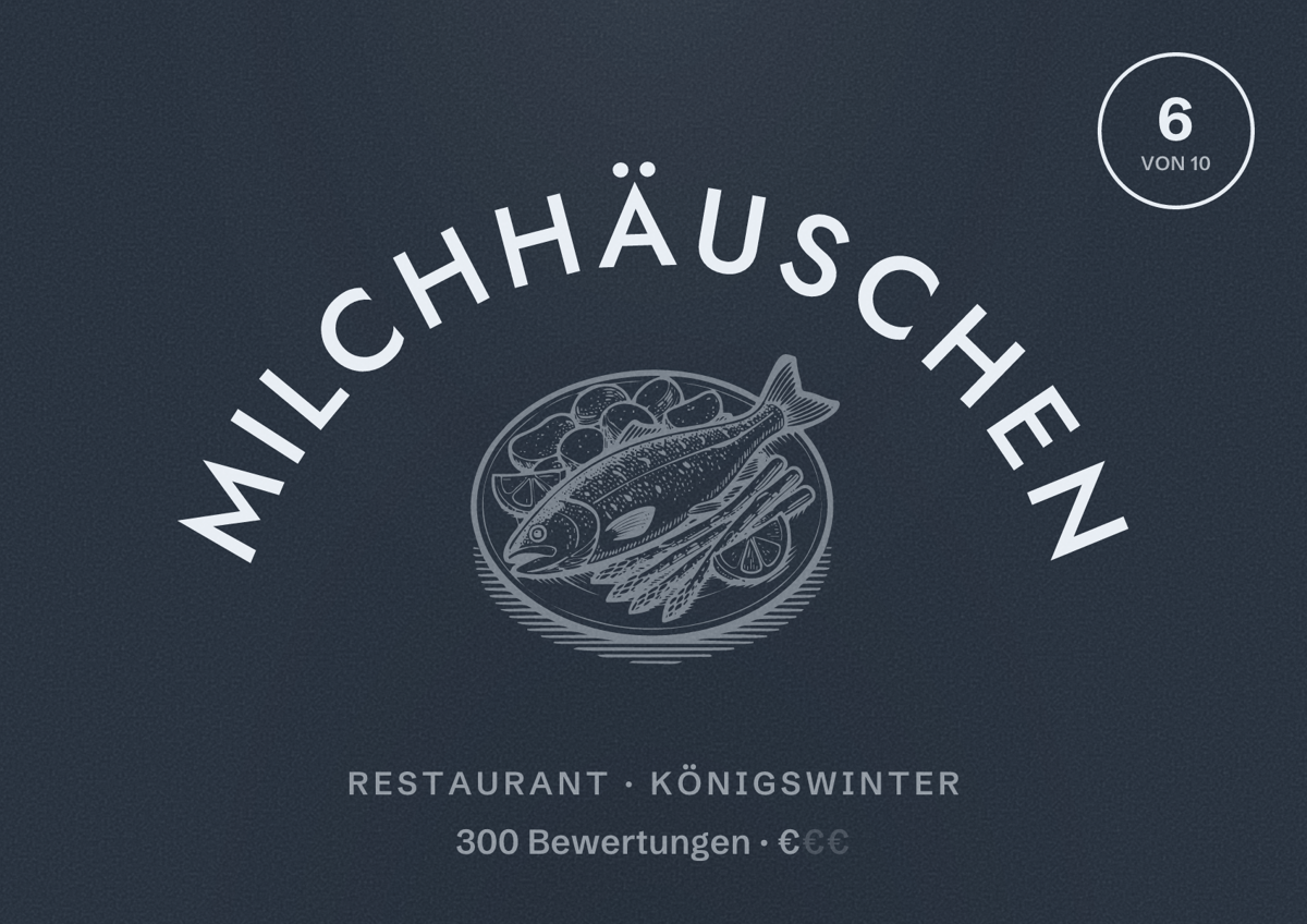 Illustriertes Poster von Milchhäuschen, Restaurant in Königswinter: Bewertung 6 von 10 aus 300 Bewertungen, Preisniveau €