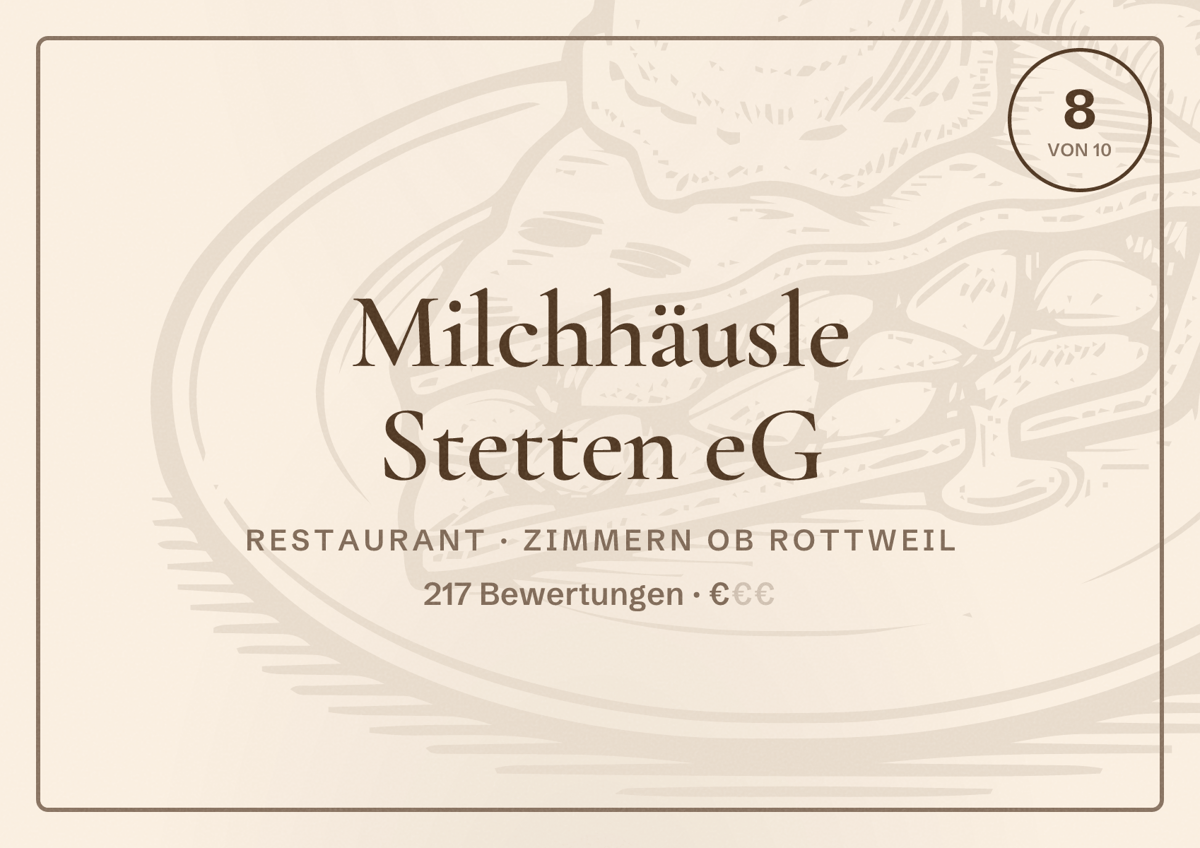 Illustriertes Poster von Milchhäusle Stetten eG, Restaurant in Zimmern ob Rottweil: Bewertung 8 von 10 aus 217 Bewertungen, Preisniveau €