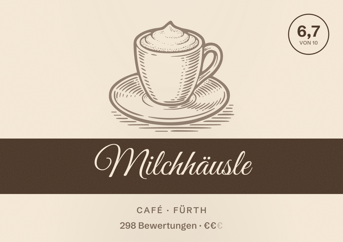 Illustriertes Poster von Milchhäusle, Café in Fürth: Bewertung 6,7 von 10 aus 298 Bewertungen, Preisniveau €€