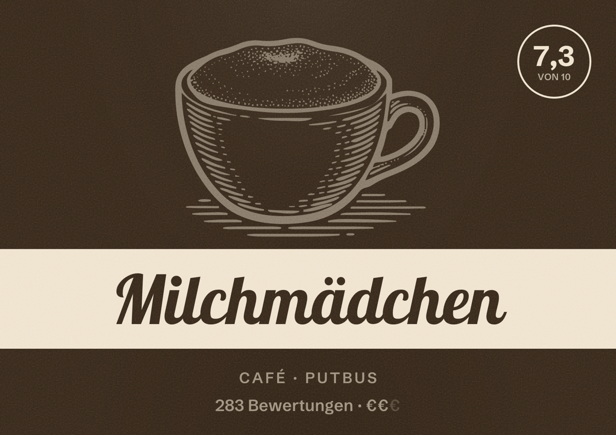 Illustriertes Poster von Milchmädchen, Café in Putbus: Bewertung 7,3 von 10 aus 283 Bewertungen, Preisniveau €€
