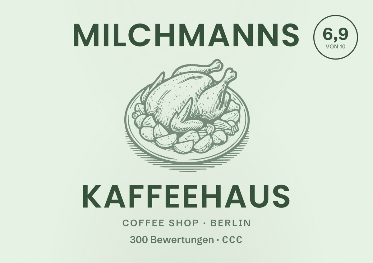 Illustriertes Poster von Milchmanns Kaffeehaus, Coffee Shop in Berlin: Bewertung 6,9 von 10 aus 300 Bewertungen, Preisniveau €€€