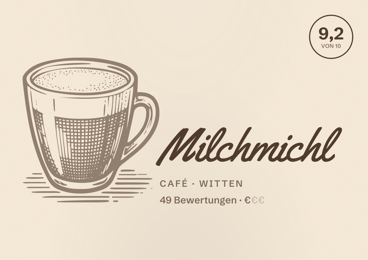 Illustriertes Poster von Milchmichl, Café in Witten: Bewertung 9,2 von 10 aus 49 Bewertungen, Preisniveau €