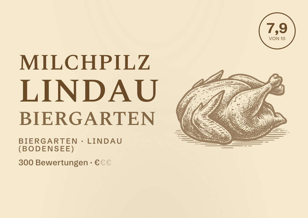 Illustriertes Poster von Milchpilz Lindau Biergarten, Biergarten in Lindau (Bodensee): Bewertung 7,9 von 10 aus 300 Bewertungen, Preisniveau €