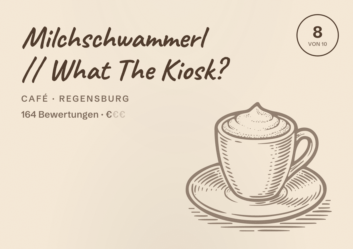 Illustriertes Poster von Milchschwammerl // What The Kiosk?, Café in Regensburg: Bewertung 8 von 10 aus 164 Bewertungen, Preisniveau €