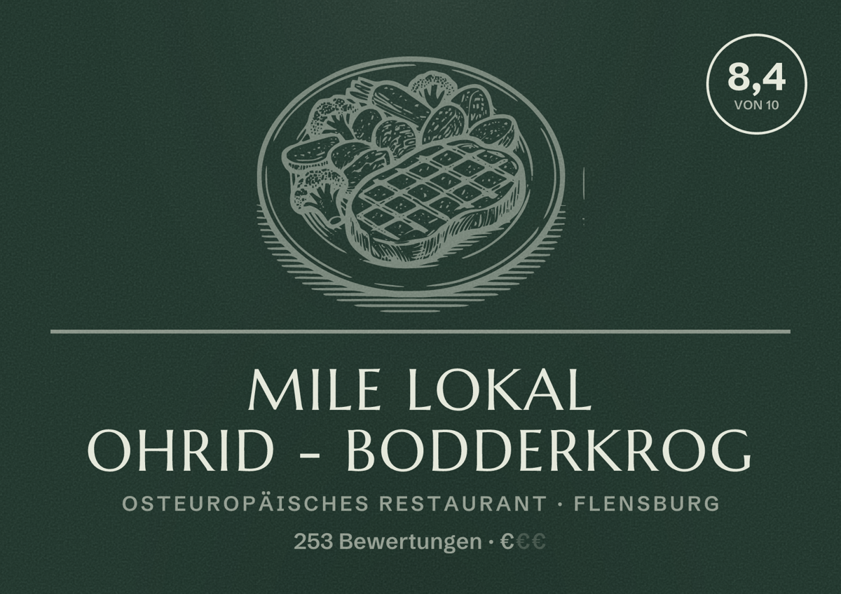 Illustriertes Poster von Mile Lokal OHRID - Bodderkrog, Osteuropäisches Restaurant in Flensburg: Bewertung 8,4 von 10 aus 253 Bewertungen, Preisniveau €