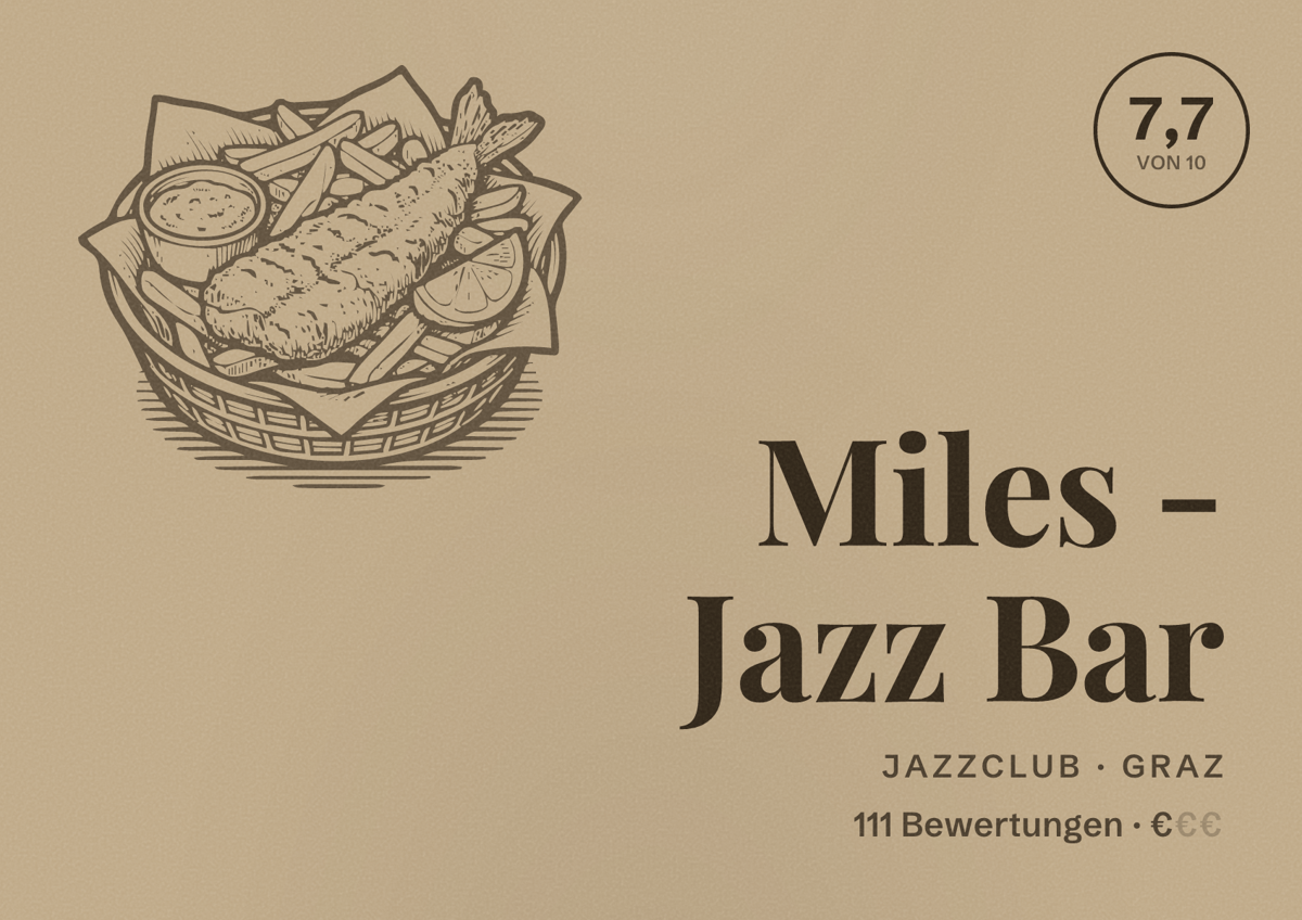 Illustriertes Poster von Miles - Jazz Bar, Jazzclub in Graz: Bewertung 7,7 von 10 aus 111 Bewertungen, Preisniveau €
