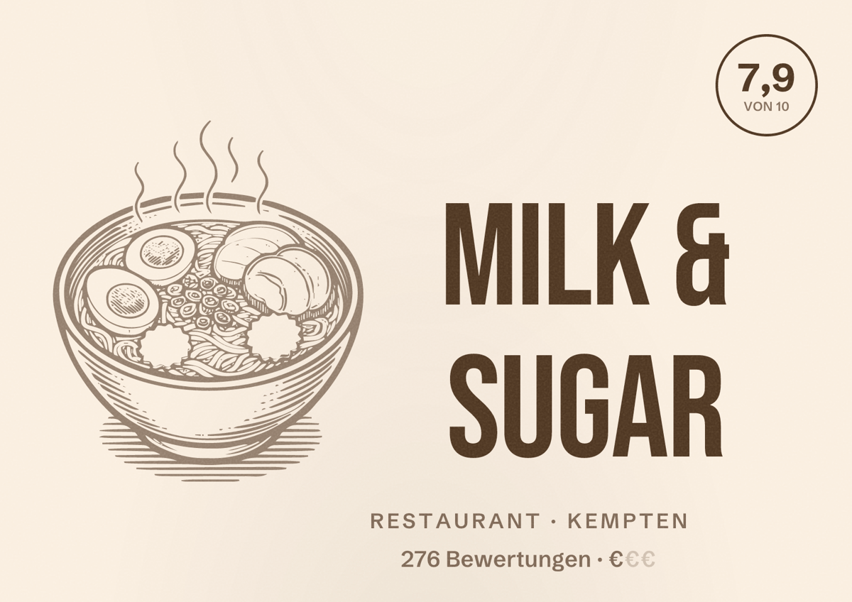 Illustriertes Poster von Milk & Sugar, Restaurant in Kempten: Bewertung 7,9 von 10 aus 276 Bewertungen, Preisniveau €