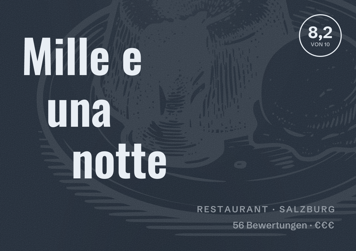 Illustriertes Poster von Mille e una notte, Restaurant in Salzburg: Bewertung 8,2 von 10 aus 56 Bewertungen, Preisniveau €€€
