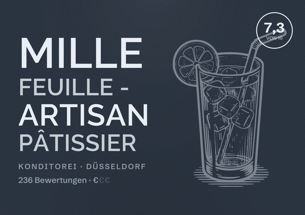 Illustriertes Poster von Mille Feuille - Artisan Pâtissier, Konditorei in Düsseldorf: Bewertung 7,3 von 10 aus 236 Bewertungen, Preisniveau €