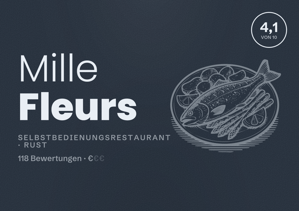 Illustriertes Poster von Mille Fleurs, Selbstbedienungsrestaurant in Rust: Bewertung 4,1 von 10 aus 118 Bewertungen, Preisniveau €