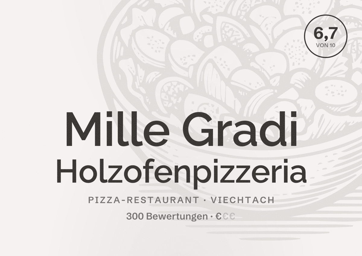 Illustriertes Poster von Mille Gradi Holzofenpizzeria, Pizza-Restaurant in Viechtach: Bewertung 6,7 von 10 aus 300 Bewertungen, Preisniveau €