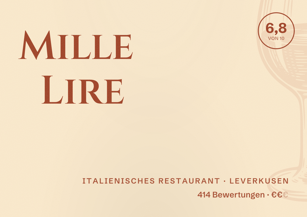 Illustriertes Poster von Mille Lire, Italienisches Restaurant in Leverkusen: Bewertung 6,8 von 10 aus 414 Bewertungen, Preisniveau €€