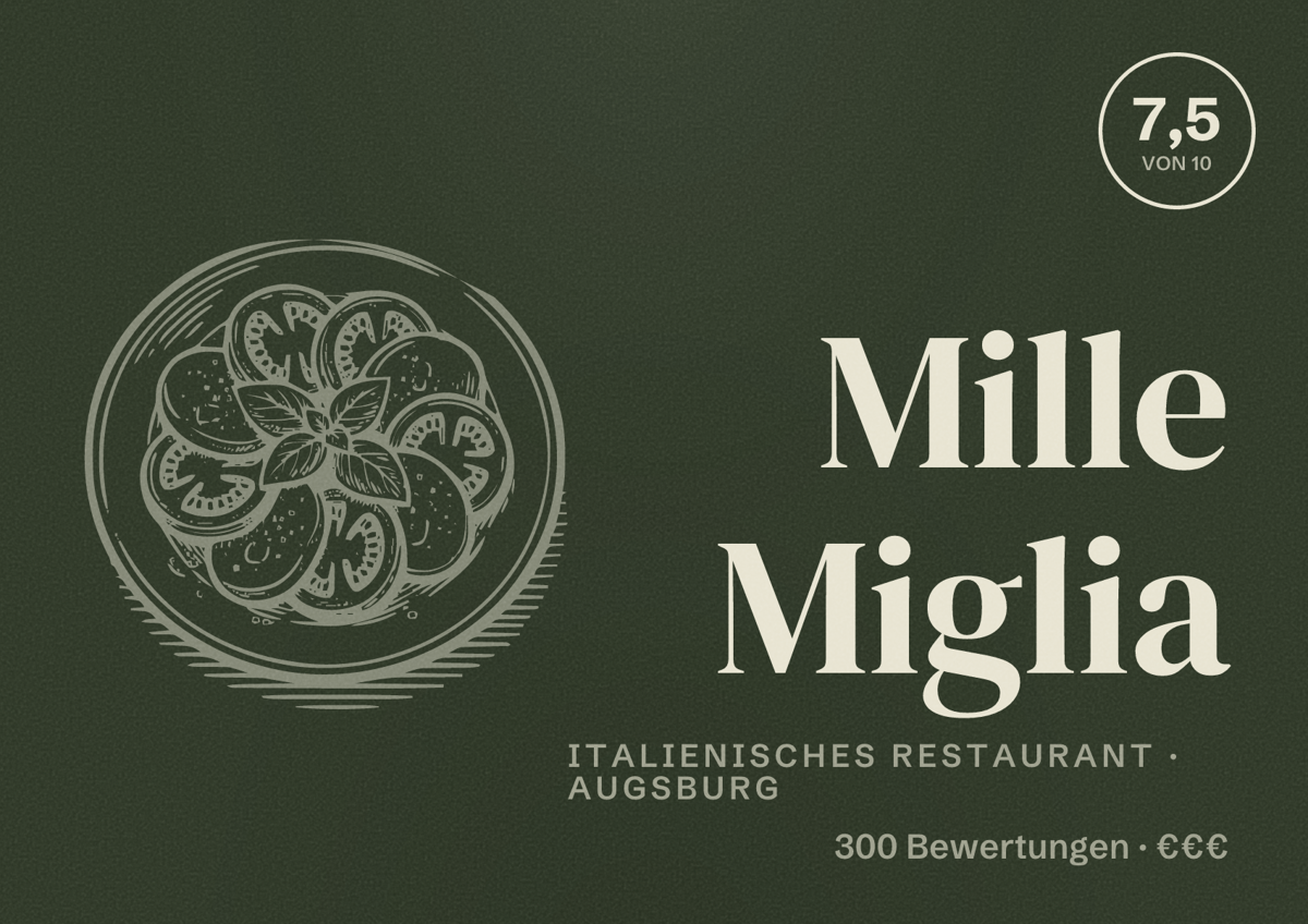 Illustriertes Poster von Mille Miglia, Italienisches Restaurant in Augsburg: Bewertung 7,5 von 10 aus 300 Bewertungen, Preisniveau €€€