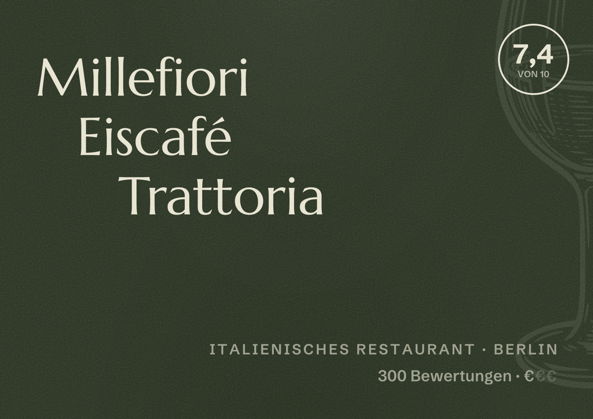 Illustriertes Poster von Millefiori Eiscafé Trattoria, Italienisches Restaurant in Berlin: Bewertung 7,4 von 10 aus 300 Bewertungen, Preisniveau €