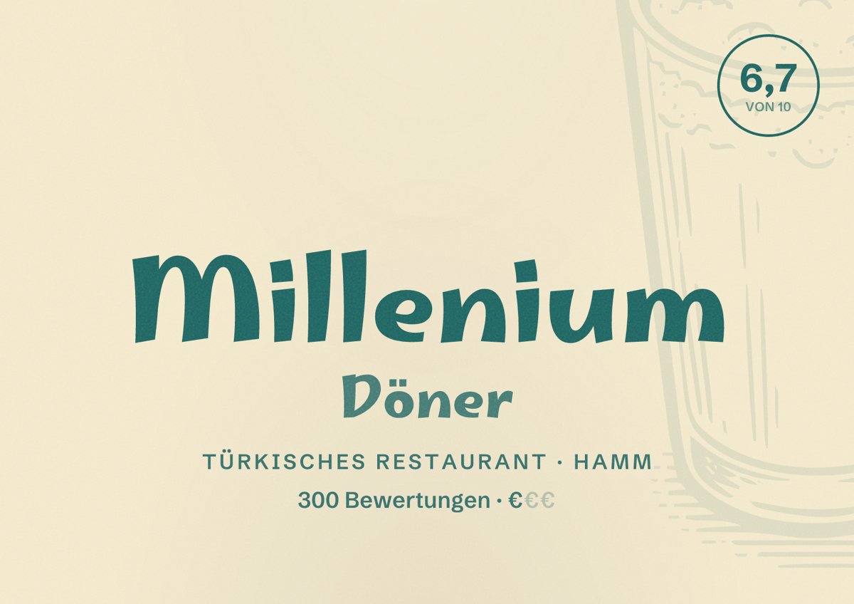 Illustriertes Poster von Millenium Döner, Türkisches Restaurant in Hamm: Bewertung 6,7 von 10 aus 300 Bewertungen, Preisniveau €