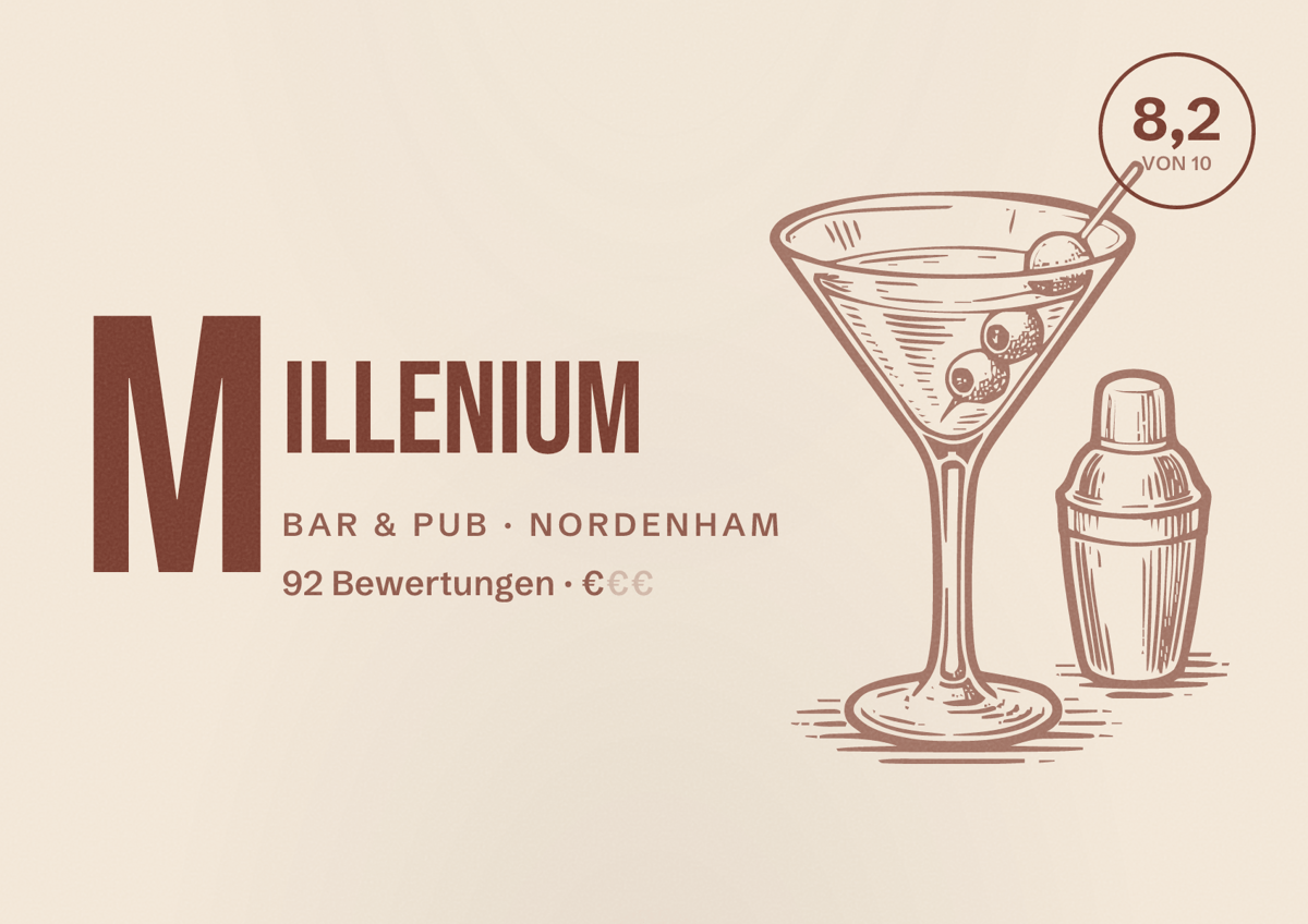 Illustriertes Poster von Millenium, Bar & Pub in Nordenham: Bewertung 8,2 von 10 aus 92 Bewertungen, Preisniveau €