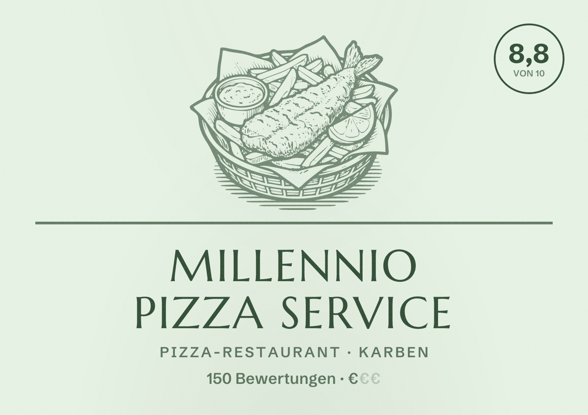 Illustriertes Poster von Millennio Pizza Service, Pizza-Restaurant in Karben: Bewertung 8,8 von 10 aus 150 Bewertungen, Preisniveau €