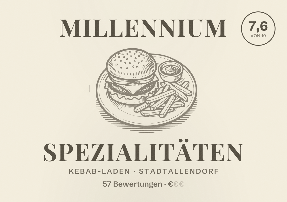 Illustriertes Poster von Millennium Spezialitäten, Kebab-Laden in Stadtallendorf: Bewertung 7,6 von 10 aus 57 Bewertungen, Preisniveau €