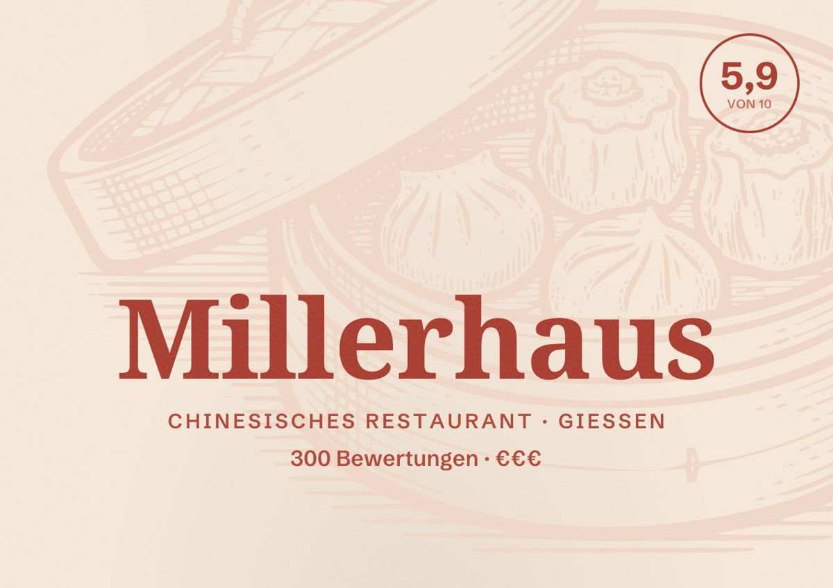 Illustriertes Poster von Millerhaus, Chinesisches Restaurant in Gießen: Bewertung 5,9 von 10 aus 300 Bewertungen, Preisniveau €€€