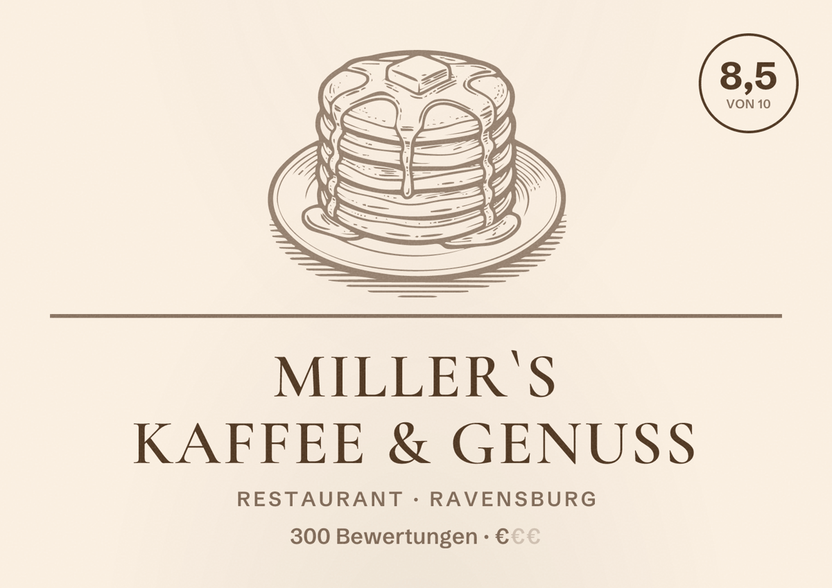 Illustriertes Poster von Miller`s Kaffee & Genuss, Restaurant in Ravensburg: Bewertung 8,5 von 10 aus 300 Bewertungen, Preisniveau €