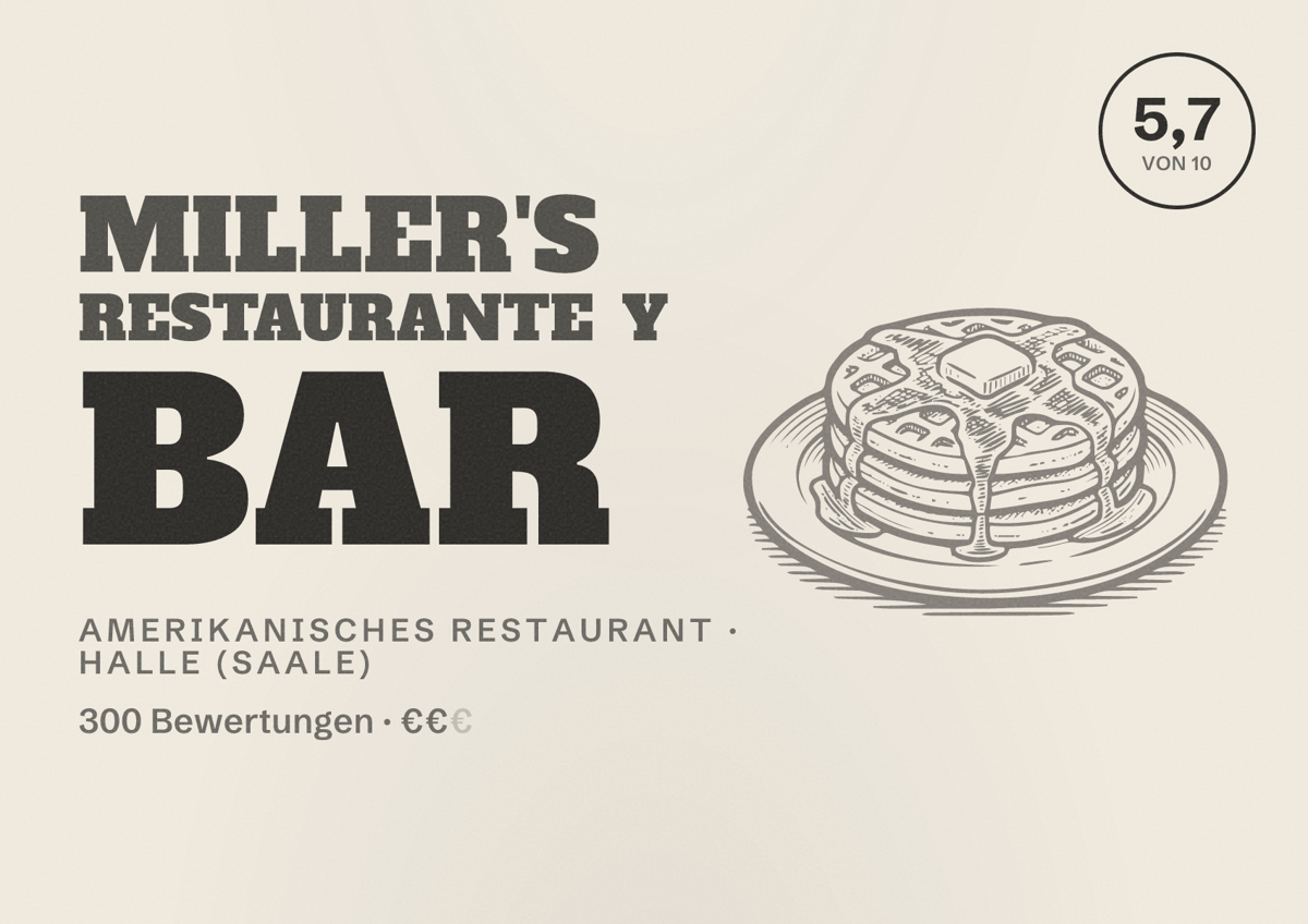 Illustriertes Poster von Miller's Restaurante y Bar, Amerikanisches Restaurant in Halle (Saale): Bewertung 5,7 von 10 aus 300 Bewertungen, Preisniveau €€