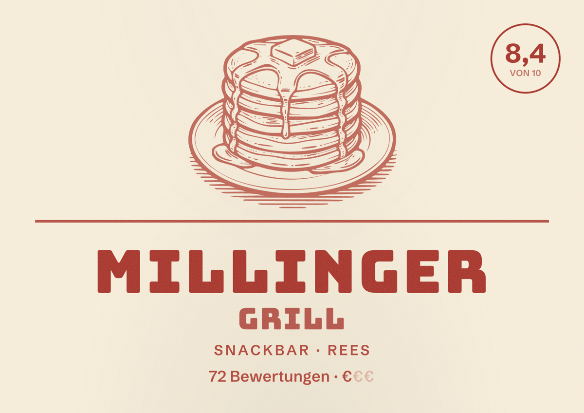Illustriertes Poster von Millinger Grill, Snackbar in Rees: Bewertung 8,4 von 10 aus 72 Bewertungen, Preisniveau €