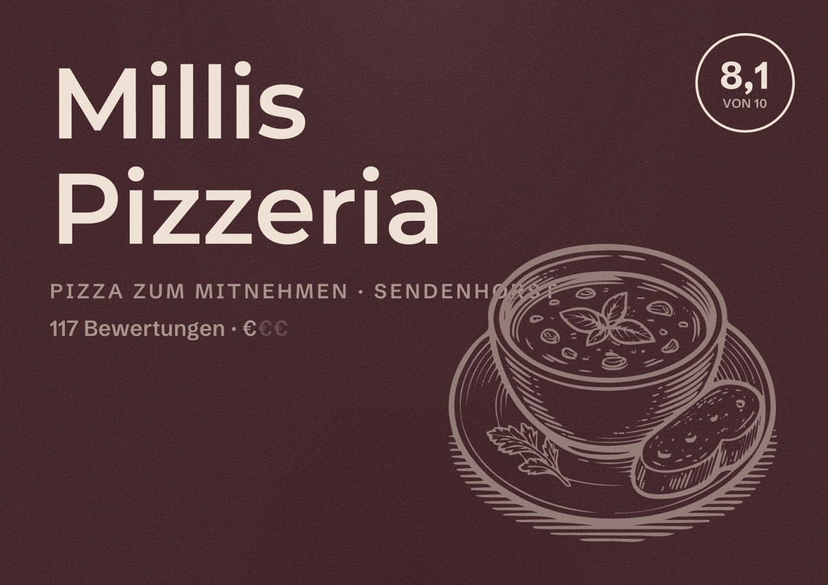 Illustriertes Poster von Millis Pizzeria, Pizza zum Mitnehmen in Sendenhorst: Bewertung 8,1 von 10 aus 117 Bewertungen, Preisniveau €
