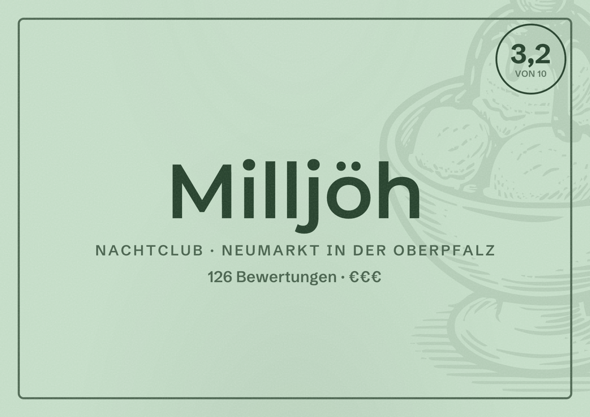 Illustriertes Poster von Milljöh, Nachtclub in Neumarkt in der Oberpfalz: Bewertung 3,2 von 10 aus 126 Bewertungen, Preisniveau €€€