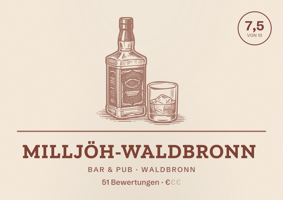 Illustriertes Poster von Milljöh-Waldbronn, Bar & Pub in Waldbronn: Bewertung 7,5 von 10 aus 51 Bewertungen, Preisniveau €