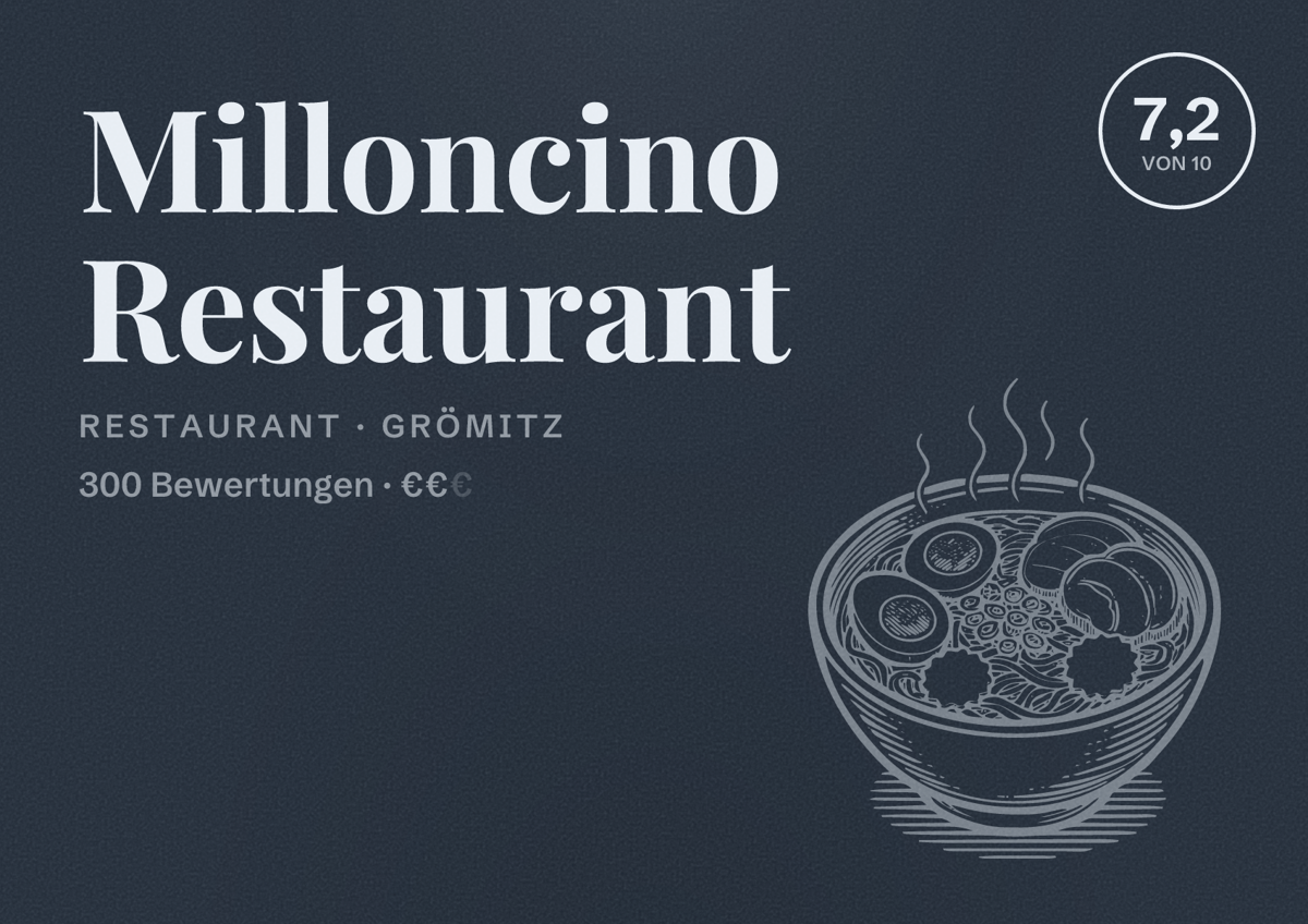 Illustriertes Poster von Milloncino Restaurant, Restaurant in Grömitz: Bewertung 7,2 von 10 aus 300 Bewertungen, Preisniveau €€