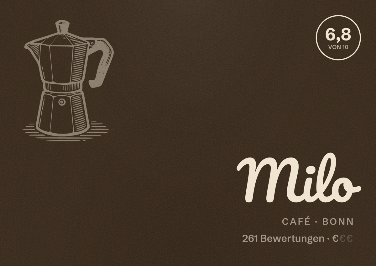 Illustriertes Poster von Milo, Café in Bonn: Bewertung 6,8 von 10 aus 261 Bewertungen, Preisniveau €