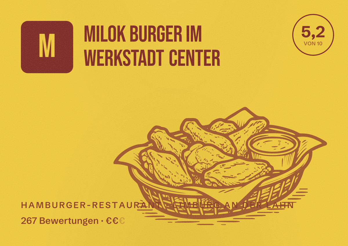 Illustriertes Poster von Milok Burger im Werkstadt Center, Hamburger-Restaurant in Limburg an der Lahn: Bewertung 5,2 von 10 aus 267 Bewertungen, Preisniveau €€