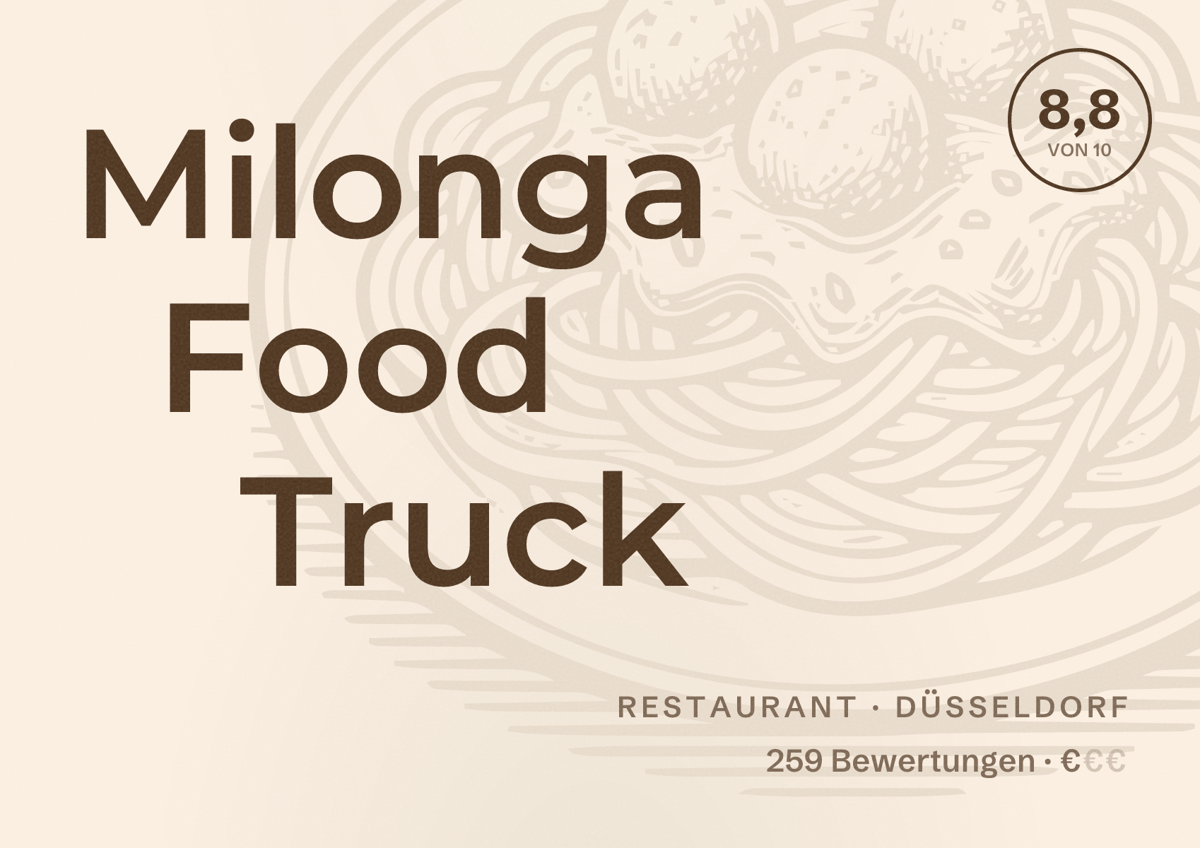 Illustriertes Poster von Milonga Food Truck, Restaurant in Düsseldorf: Bewertung 8,8 von 10 aus 259 Bewertungen, Preisniveau €