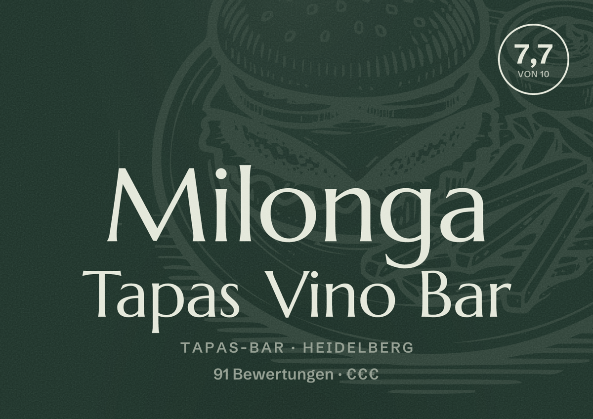 Illustriertes Poster von Milonga Tapas Vino Bar, Tapas-Bar in Heidelberg: Bewertung 7,7 von 10 aus 91 Bewertungen, Preisniveau €€€
