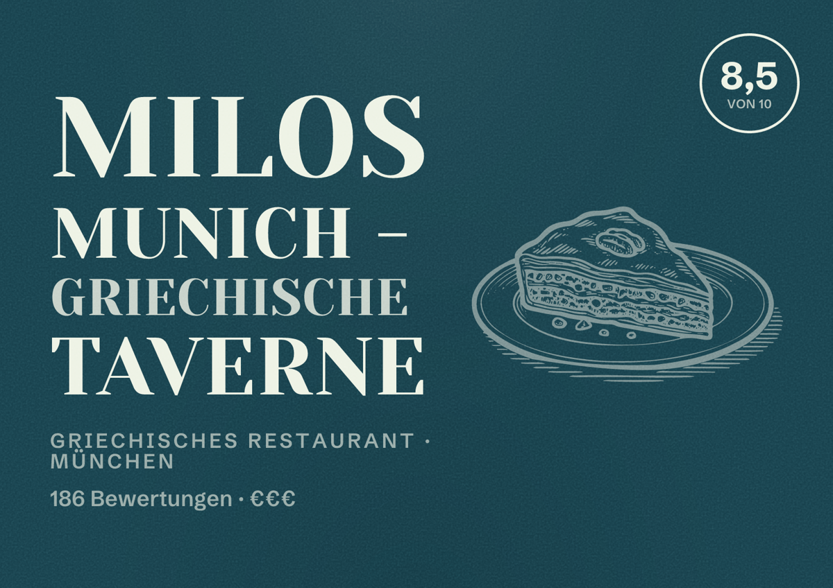 Illustriertes Poster von Milos Munich - Griechische Taverne, Griechisches Restaurant in München: Bewertung 8,5 von 10 aus 186 Bewertungen, Preisniveau €€€