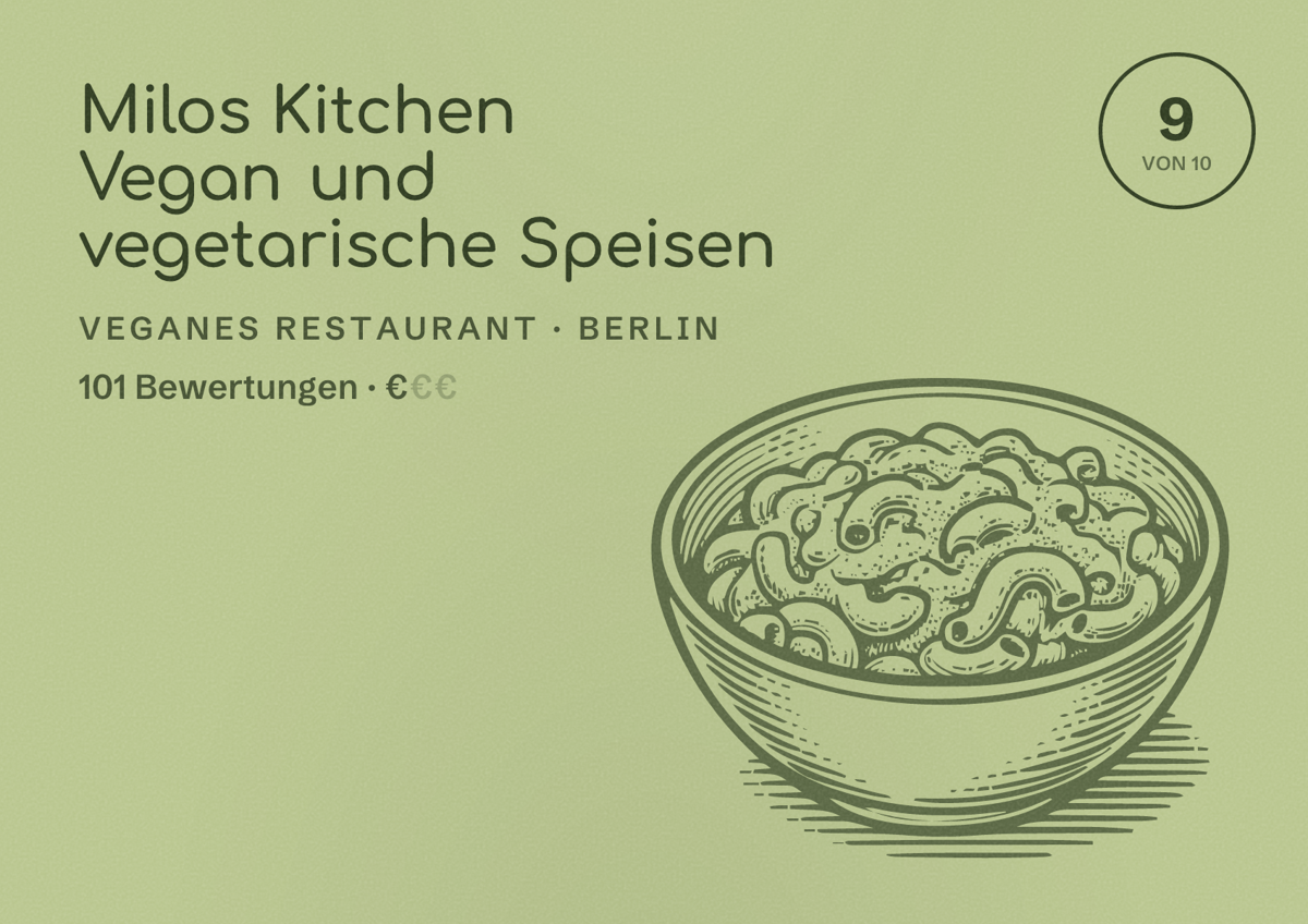 Illustriertes Poster von Milos Kitchen Vegan und vegetarische Speisen, Veganes Restaurant in Berlin: Bewertung 9,0 von 10 aus 101 Bewertungen, Preisniveau €