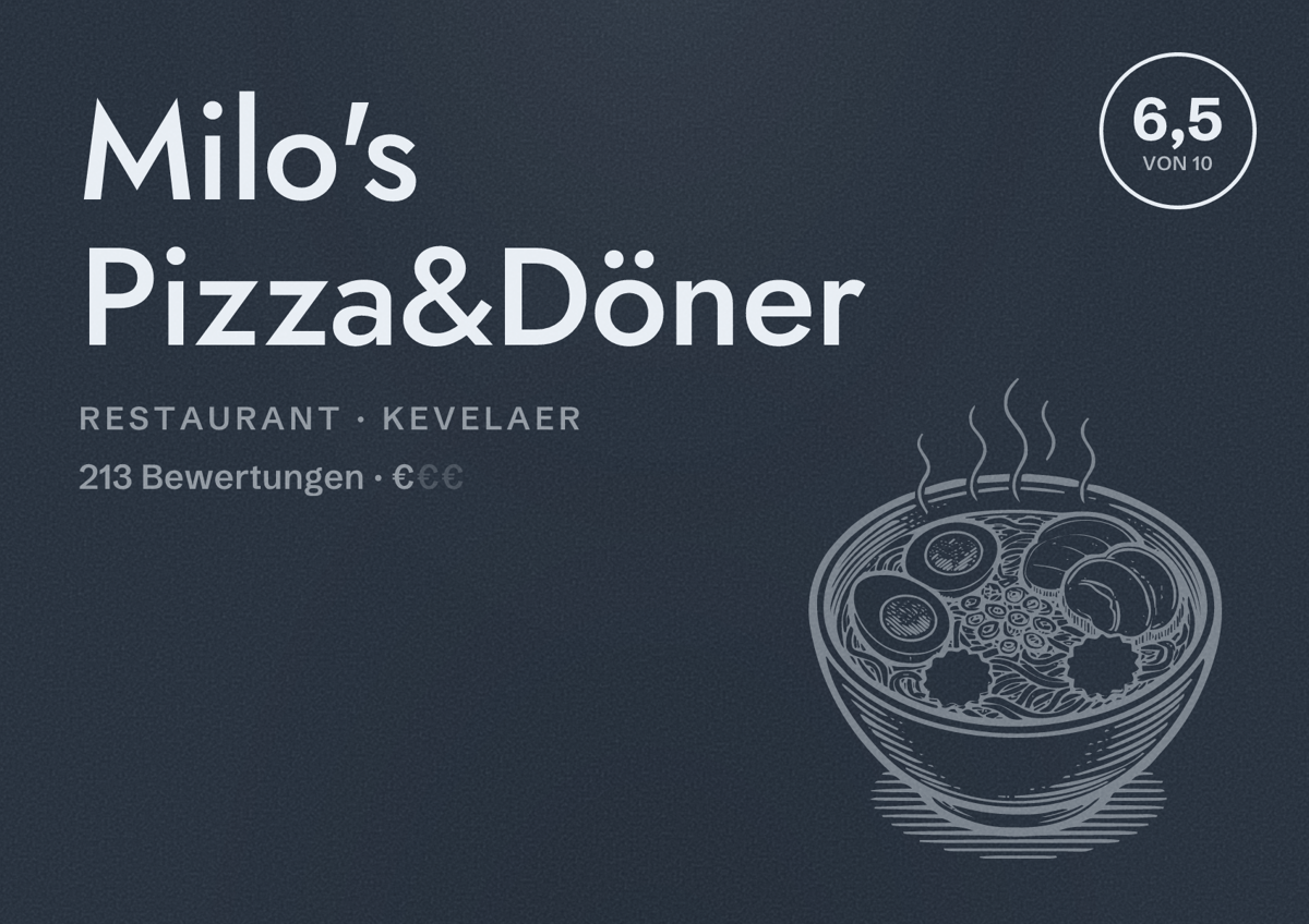 Illustriertes Poster von Milo's Pizza&Döner, Restaurant in Kevelaer: Bewertung 6,5 von 10 aus 213 Bewertungen, Preisniveau €