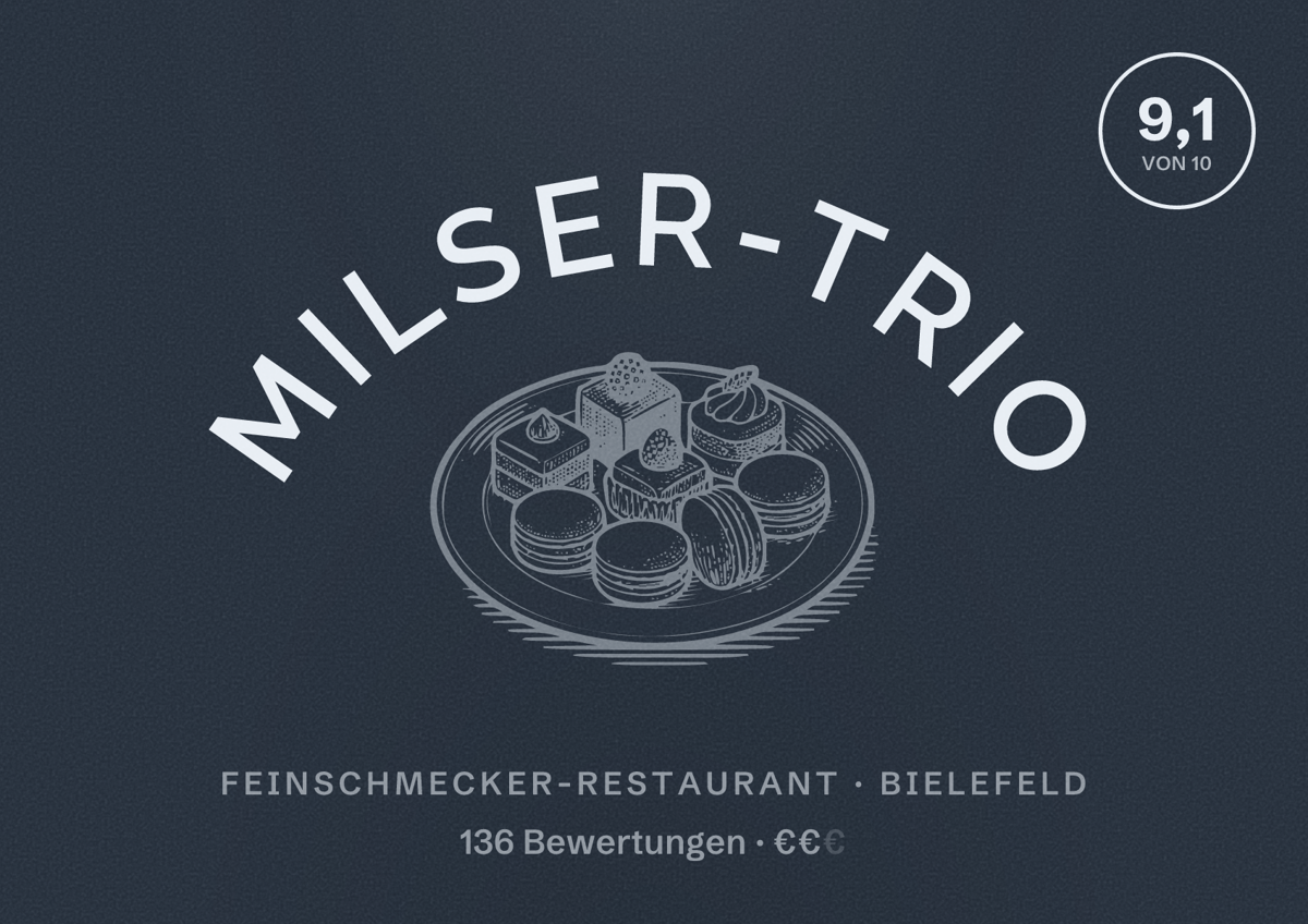 Illustriertes Poster von Milser-Trio, Feinschmecker-Restaurant in Bielefeld: Bewertung 9,1 von 10 aus 136 Bewertungen, Preisniveau €€