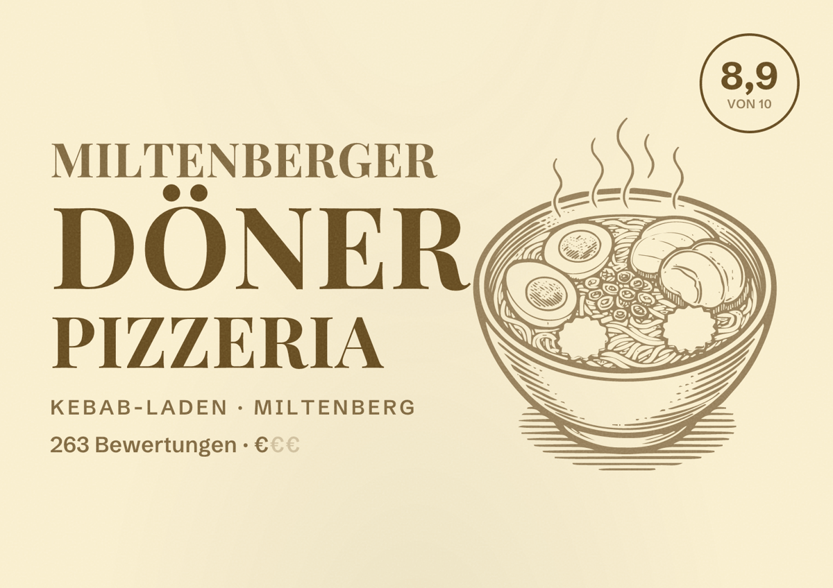 Illustriertes Poster von Miltenberger Döner pizzeria, Kebab-Laden in Miltenberg: Bewertung 8,9 von 10 aus 263 Bewertungen, Preisniveau €