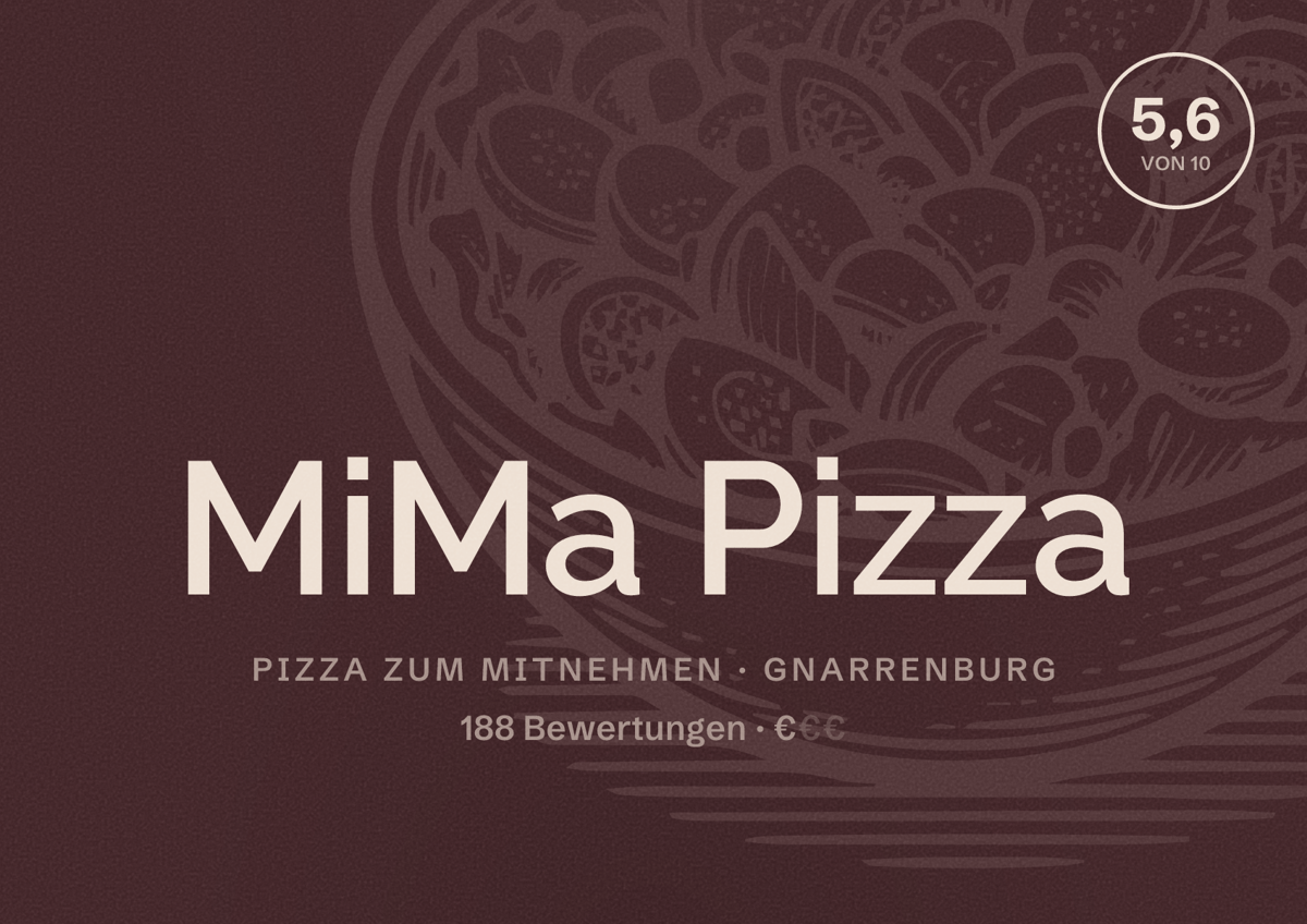 Illustriertes Poster von MiMa Pizza, Pizza zum Mitnehmen in Gnarrenburg: Bewertung 5,6 von 10 aus 188 Bewertungen, Preisniveau €
