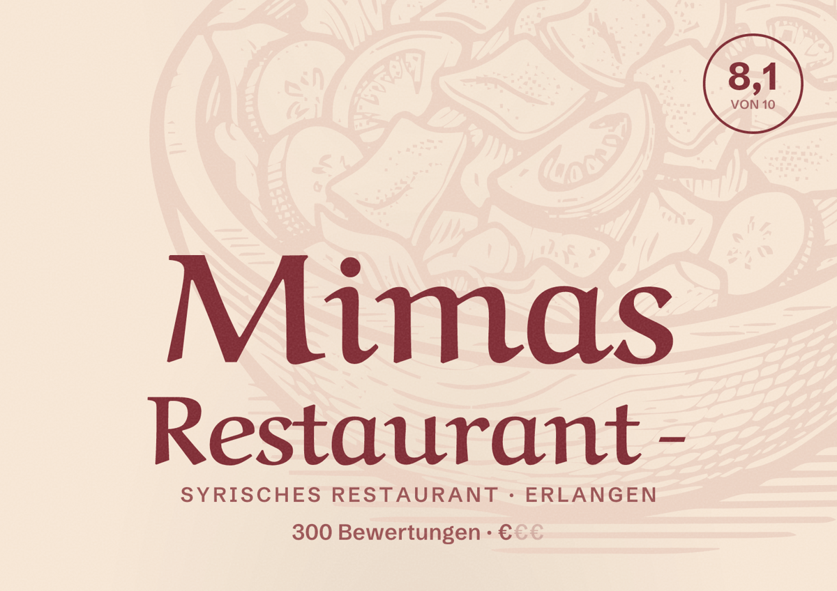 Illustriertes Poster von Mimas Restaurant -, Syrisches Restaurant in Erlangen: Bewertung 8,1 von 10 aus 300 Bewertungen, Preisniveau €