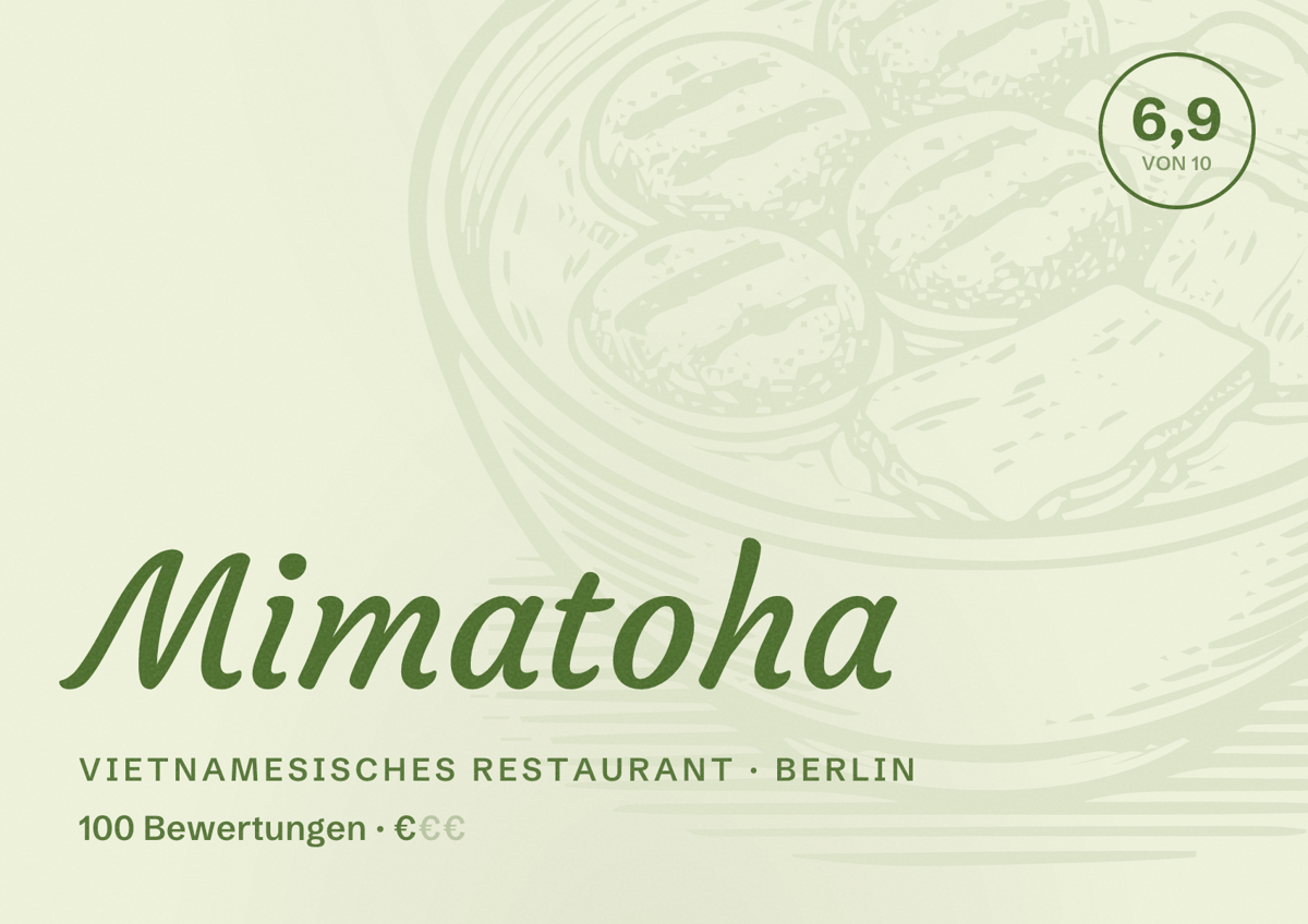 Illustriertes Poster von Mimatoha, Vietnamesisches Restaurant in Berlin: Bewertung 6,9 von 10 aus 100 Bewertungen, Preisniveau €