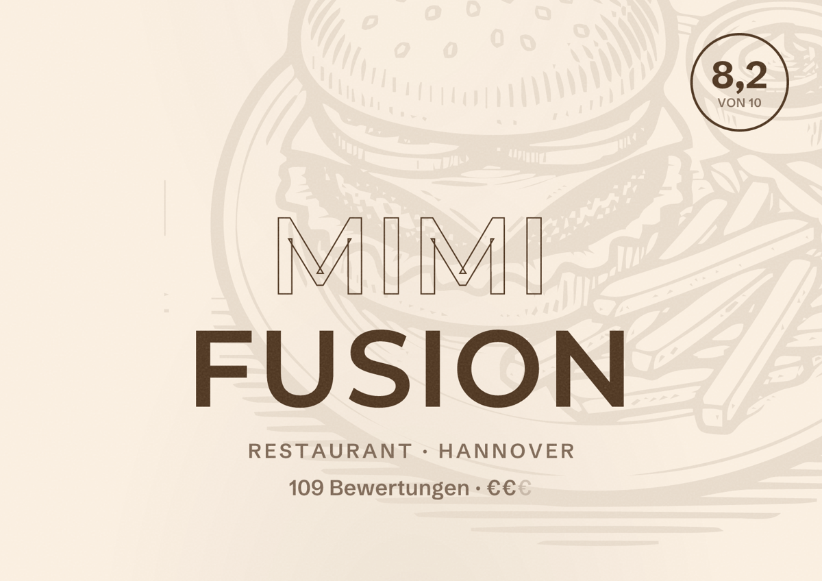 Illustriertes Poster von Mimi Fusion, Restaurant in Hannover: Bewertung 8,2 von 10 aus 109 Bewertungen, Preisniveau €€