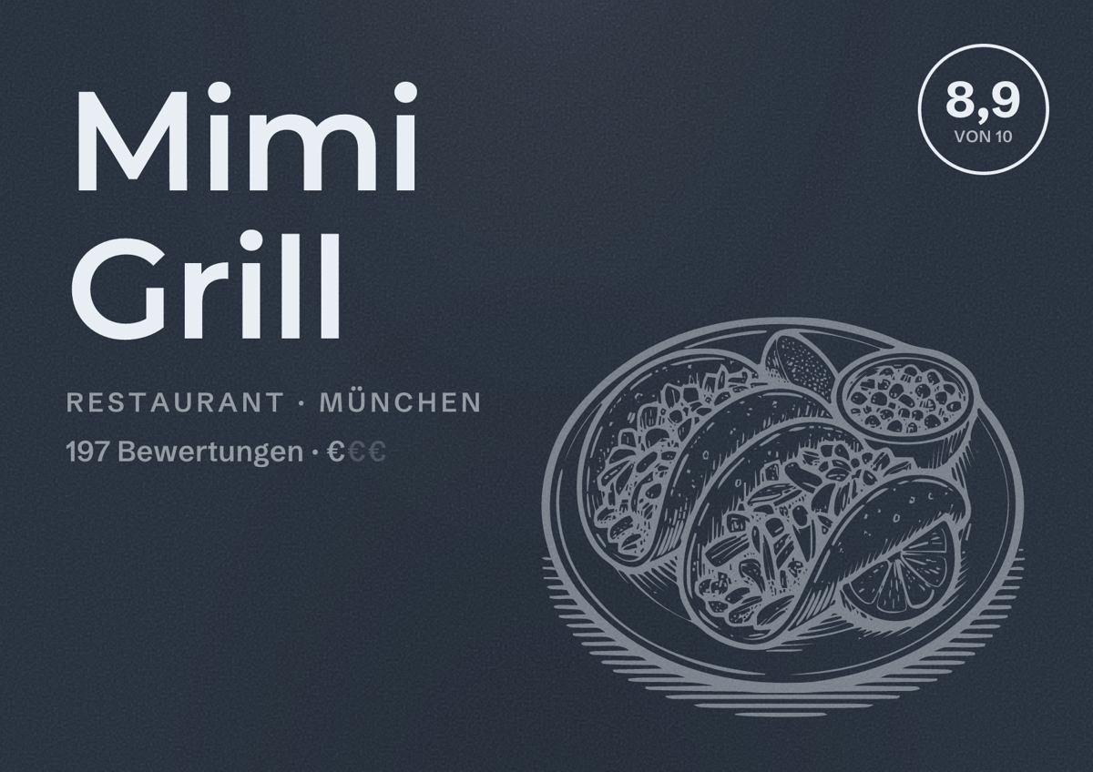 Illustriertes Poster von Mimi Grill, Restaurant in München: Bewertung 8,9 von 10 aus 197 Bewertungen, Preisniveau €