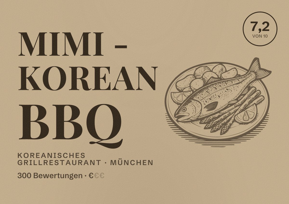 Illustriertes Poster von MiMi - Korean BBQ, Koreanisches Grillrestaurant in München: Bewertung 7,2 von 10 aus 300 Bewertungen, Preisniveau €