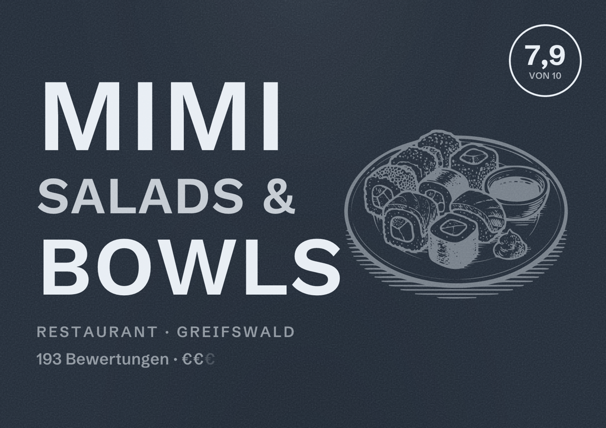 Illustriertes Poster von MiMi Salads & Bowls, Restaurant in Greifswald: Bewertung 7,9 von 10 aus 193 Bewertungen, Preisniveau €€
